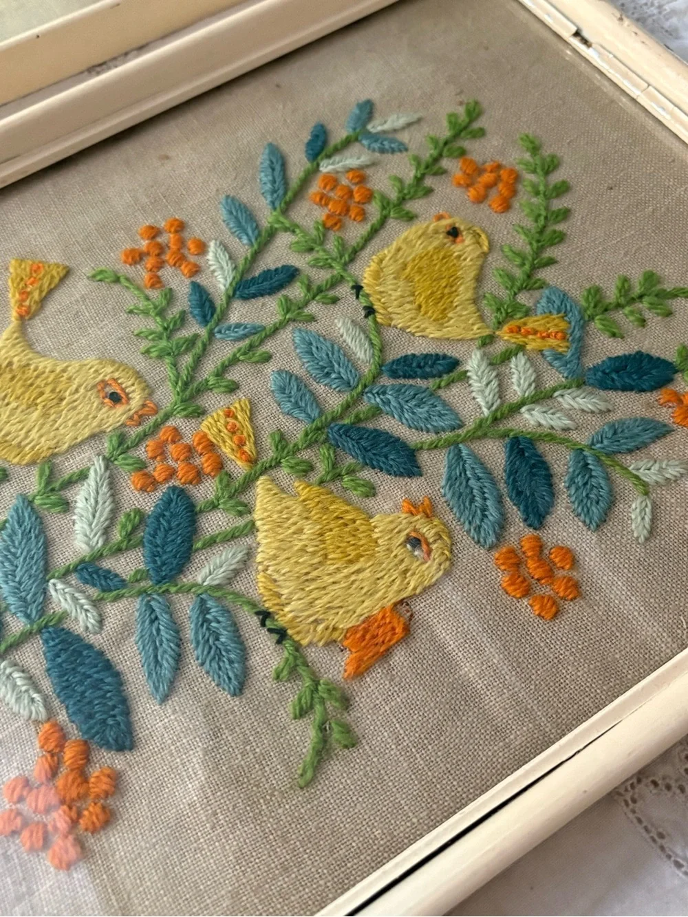 Vintage 70s Hand-Embroidered Yellow Bird Wall Art Pair Folk Art